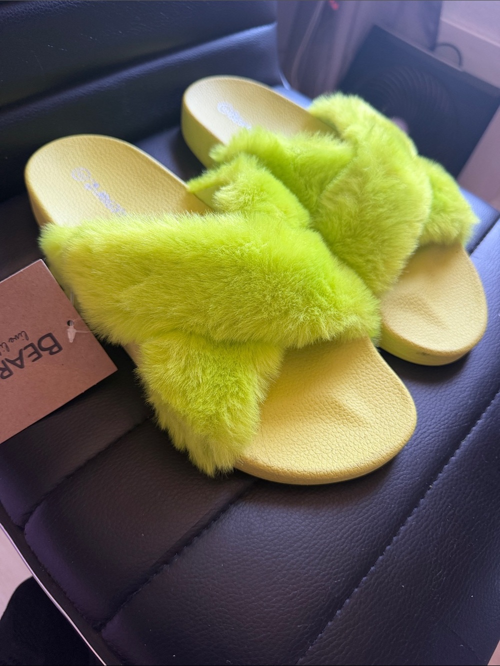 BearPaw Neon Lime Fuzzy Slide Mules
